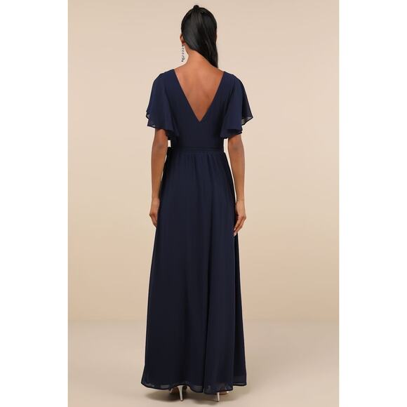 NWT Lulus Convincing Grace Navy Blue Flutter Sleeve Wrap Maxi Dress Wedding L - Picture 3 of 7